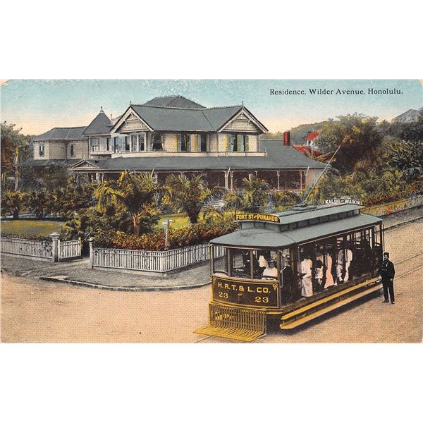 Trolley at Residence on Wilder Avenue - Honolulu Postcard