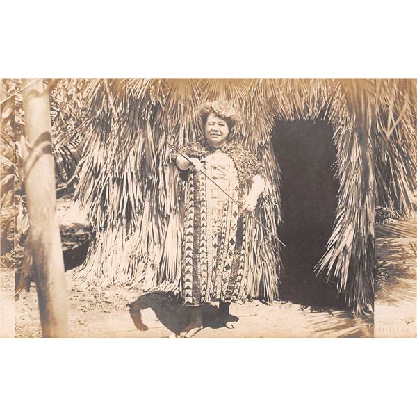 Local Hawaiian Woman in Dress & Grass Hut Photo Postcard