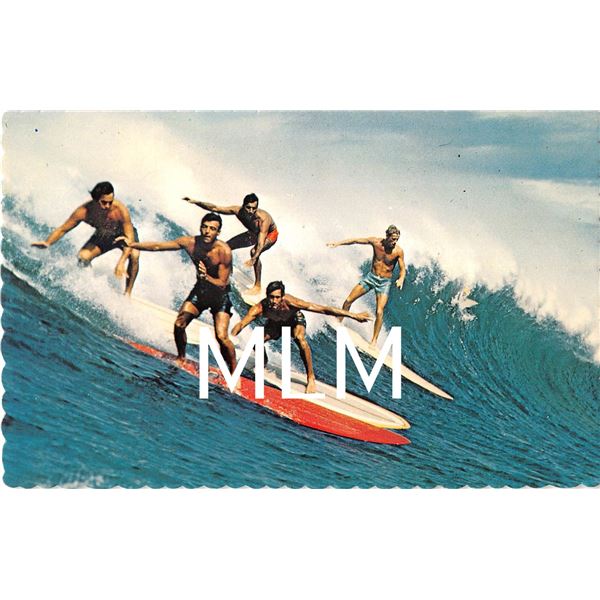 5 Men Surfing Big Wave in Hawaii Vintage Postcard