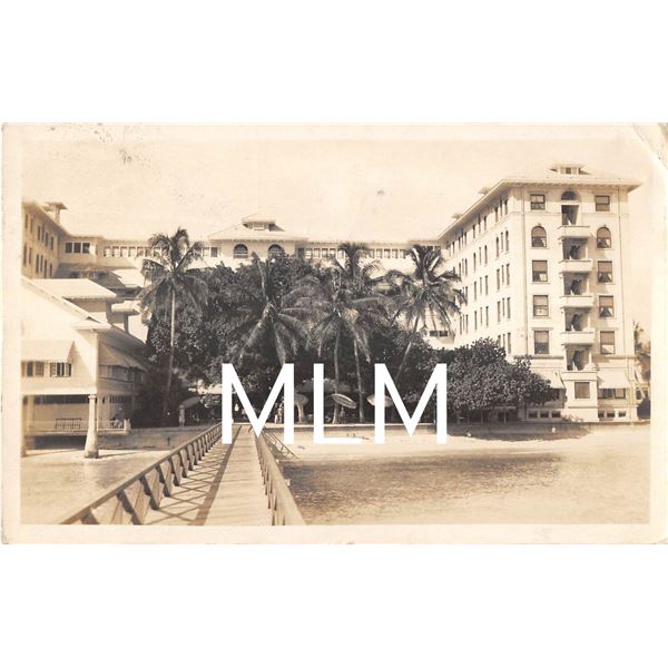 On Pier Looking at Moana Hotel Honolulu Real Photo Postcard