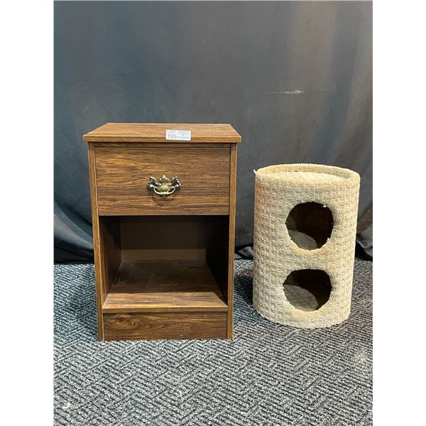 Dark Brown Wooden SIde Table And Cat Scratch Post