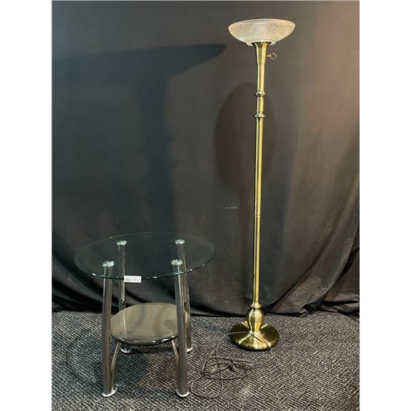 Glass Side Table And Tall Gold Accented Standing Lamp