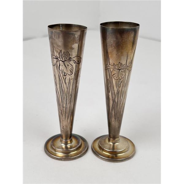 Mid Century Japanese 990 Silver Bud Vases Tiyokoki