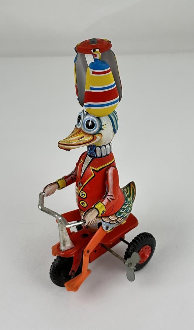 Duck Riding Toy German Tin Litho Duck Riding Tricycle Toy