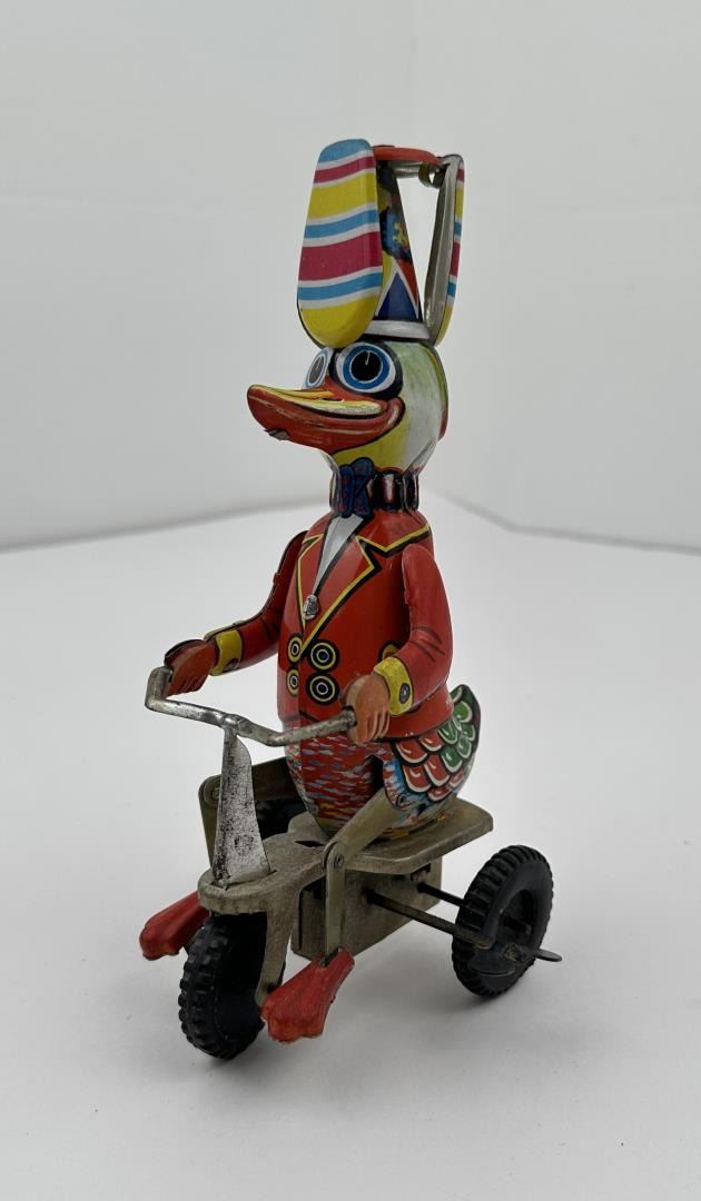 Duck Riding Toy Tin Litho Duck Riding Tricycle Toy