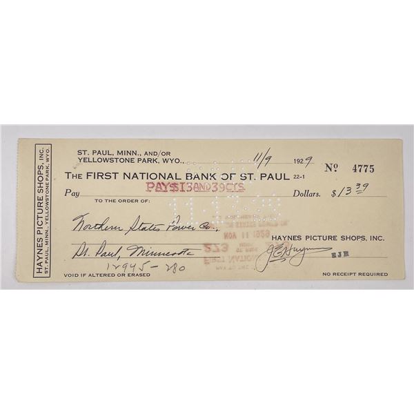 Haynes Picture Shops Yellowstone Park Check