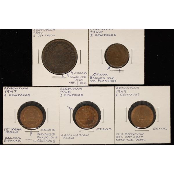 5-ERROR ARGENTINA 2 CENTAVO COINS: 1890 CLASHED