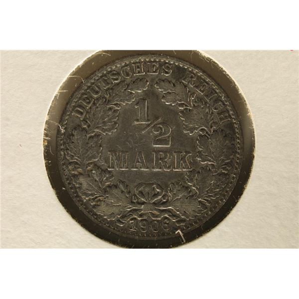 1906-D GERMAN SILVER HALF MARK .0802 OZ. ASW