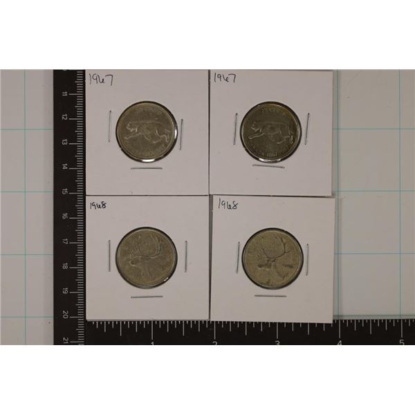 2-1967 & 1968 CANADA SILVER 25 CENTS .4874 OZ. ASW