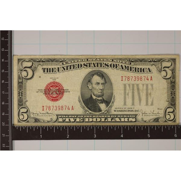 1928-F U.S. $5 RED SEAL NOTE WATCH FOR OUR NEXT