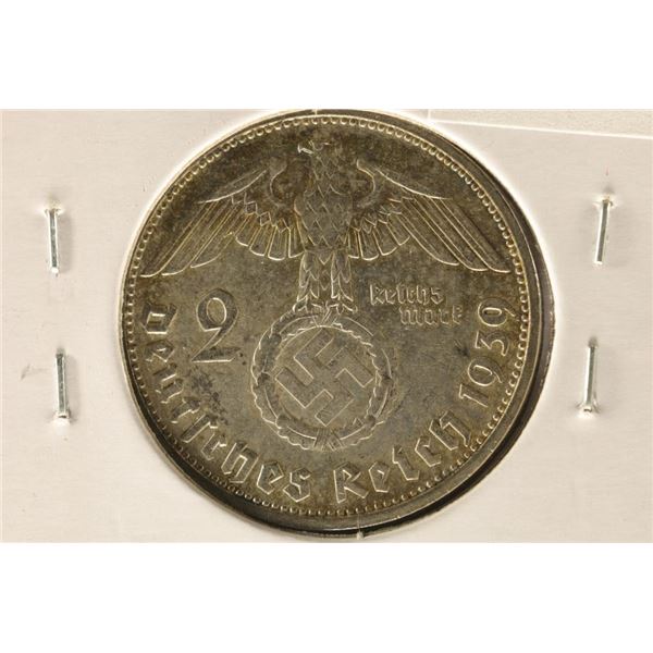 1939-F GERMAN SILVER 2 MARK WITH SWASTIKA .1608