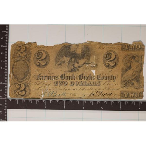 1844 FARMERS BANK OF BUCK COUNTY $2 OBSOLETE BANK