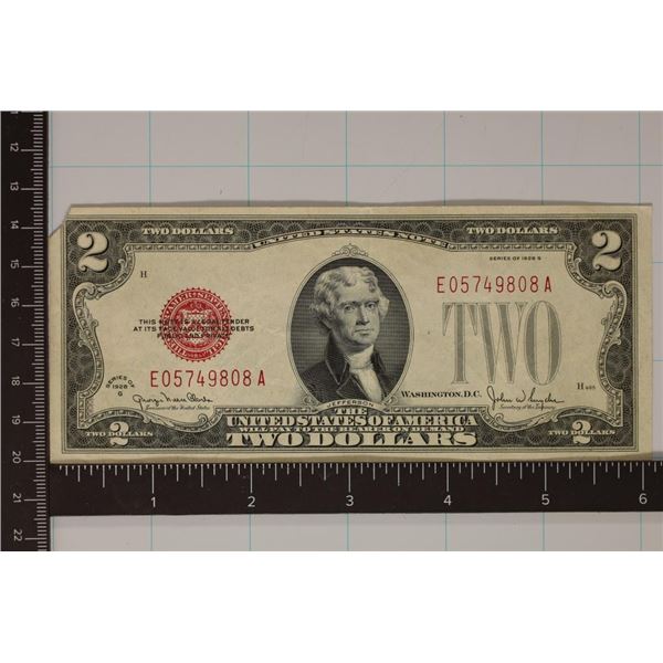 1928-G US $2 RED SEAL NOTE. CRISP MISSING SMALL