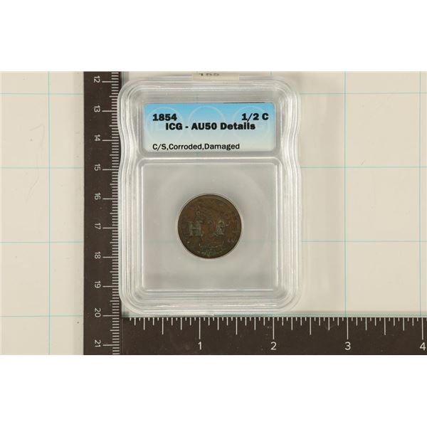 1854 US HALF CENT ICG AU50 DETAILS COUNTER STAMPED