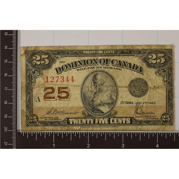 1923 DOMINION OF CANADA 25 CENT FRACTIONAL BILL