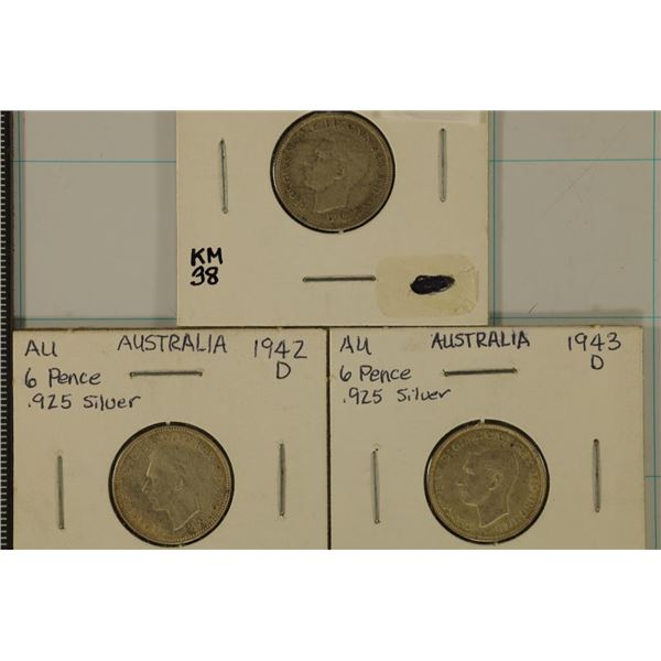 1942-M, 1942-D & 1943-D AUSTRALIA SILVER 6 PENCE