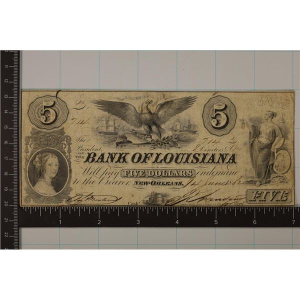 1800'S BANK OF LOUISIANA $5 OBSOLETE BANK NOTE.