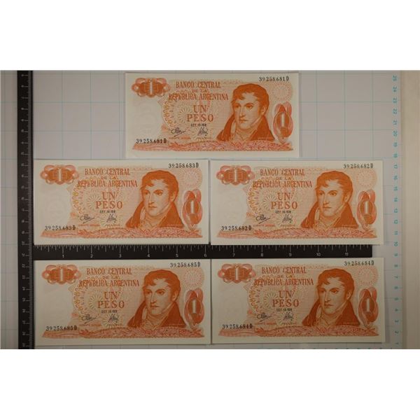 5-1973 ARGENTIAN 1 PESO CRISP UNC BILLS WITH