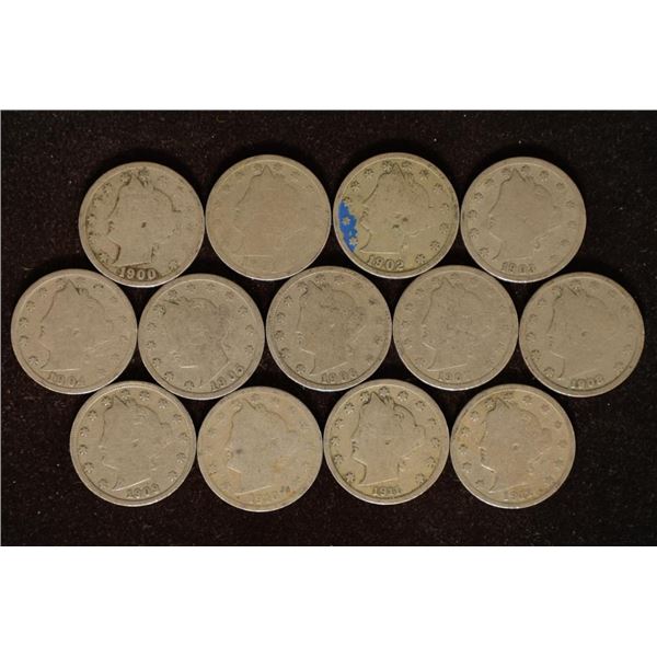 13 LIBERTY "V" NICKELS" 1900-1912 ONE OF EACH YEAR