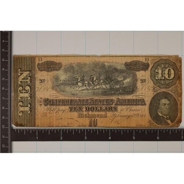 1864 CONFEDERATE STATES OF AMERICA $10 BANK NOTE