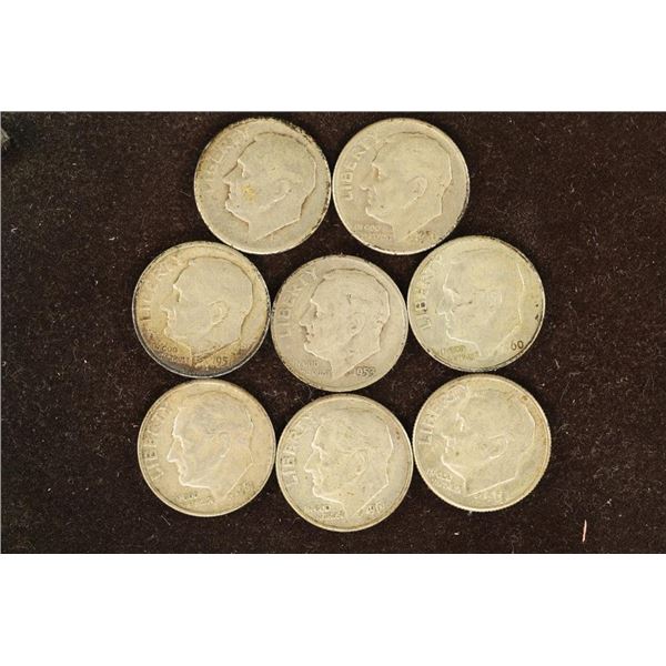 8-ASSORTED SILVER ROOSEVELT DIMES: 194?-1963