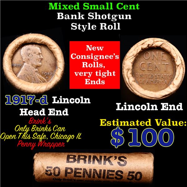 Mixed small cents 1c orig shotgun roll, 1917-d Lincoln Cent, Wheat Cent other end, Brinks Wrapper