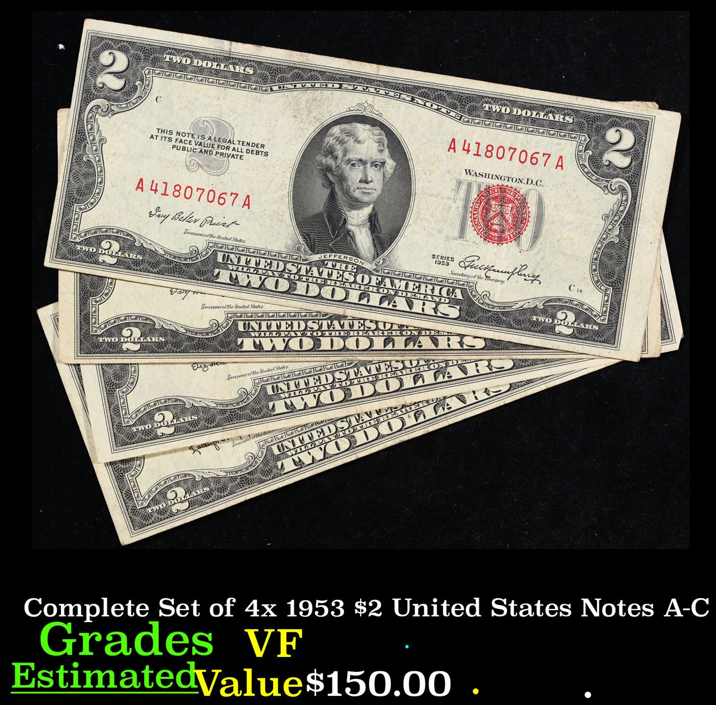Complete Set of 4x 1953 $2 United States Notes A-C Grades VF