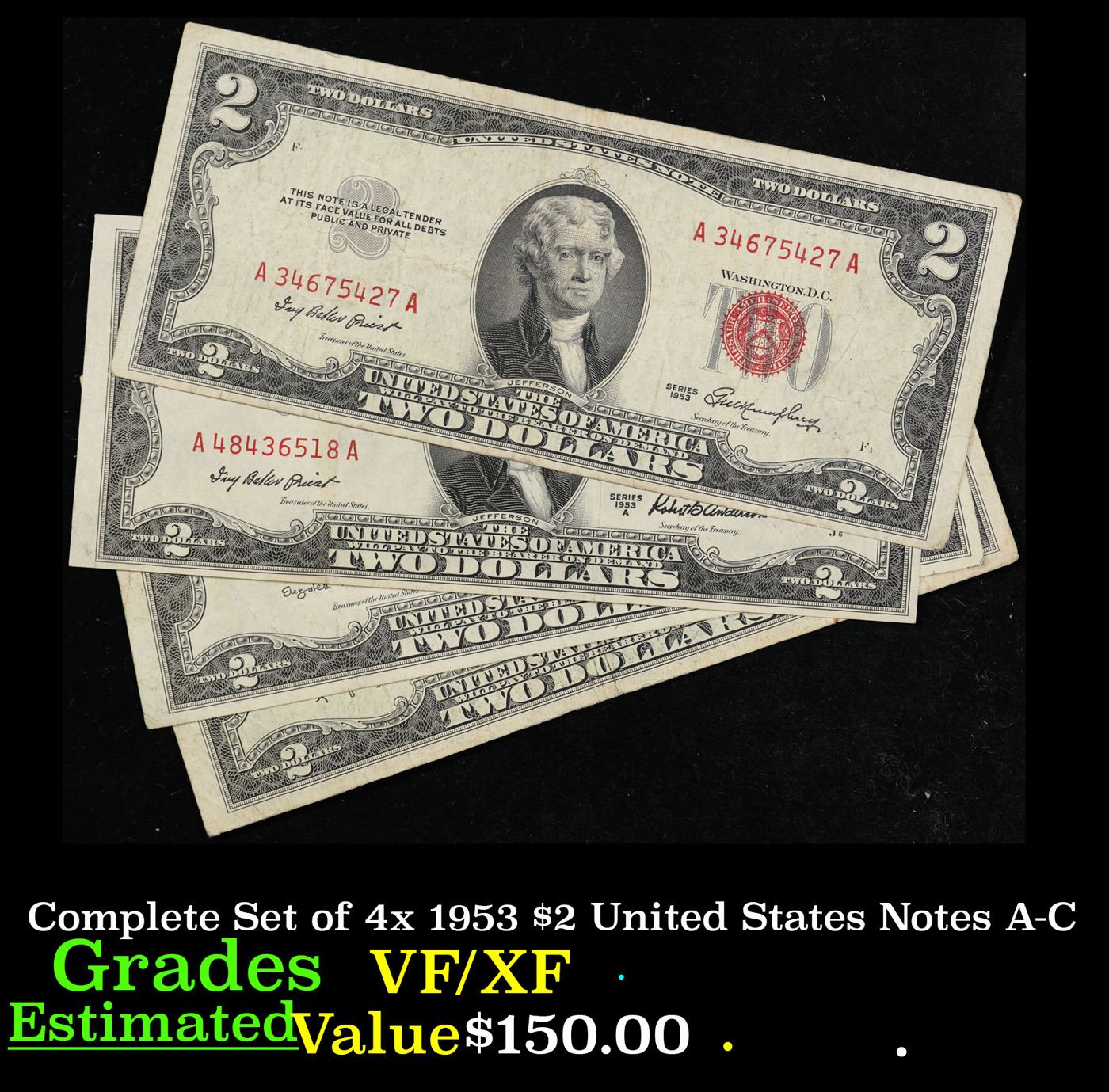 Complete Set of 4x 1953 $2 United States Notes A-C Grades VF