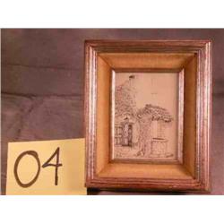 2 framed pen & ink drawings