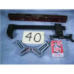 box-Stanley wood & brass level, corner clamp, Hargrave 17" bar clamp, box of Viking cable staples