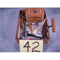 box-dough cutter, Budweiser wood gift box, old kitchen gadgets