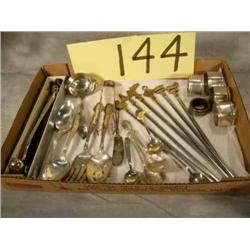 18 silver plate serving items, candle snuffer, napkin rings