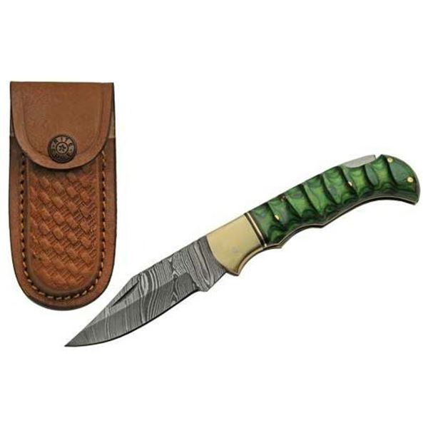 SZCO RITE EDGE 3" GREEN GROOVED WOOD DAMASCUS LOCKBACK