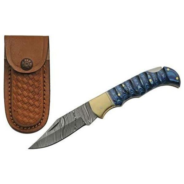 SZCO RITE EDGE 3" BLUE GROOVED WOOD DAMASCUS LOCKBACK W/SHTH