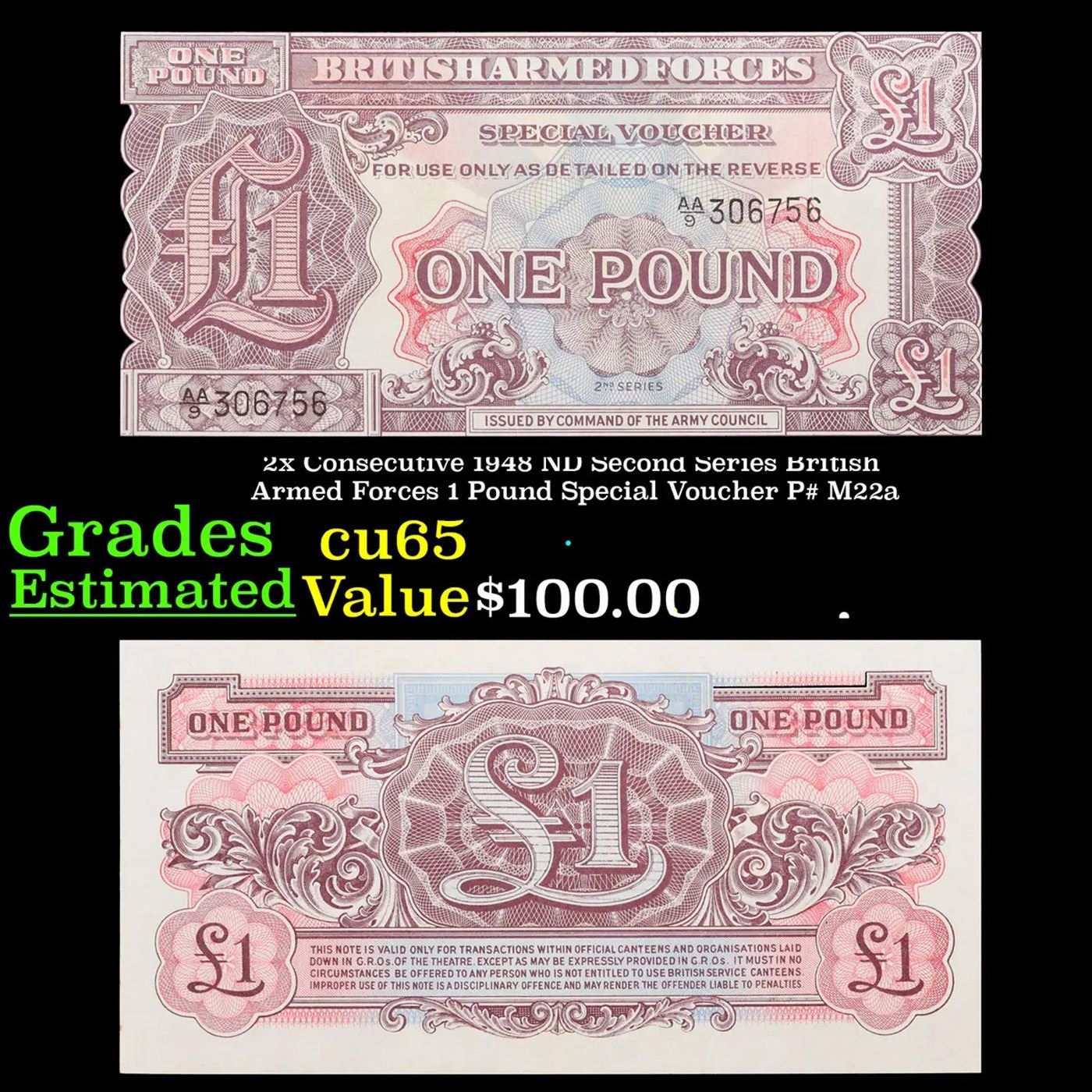 thumbnail image 2 of SET Of 3 Great Britain One Pound Notes - Armed Forces Series, Uncirculated (1948-1962) 2 of 12