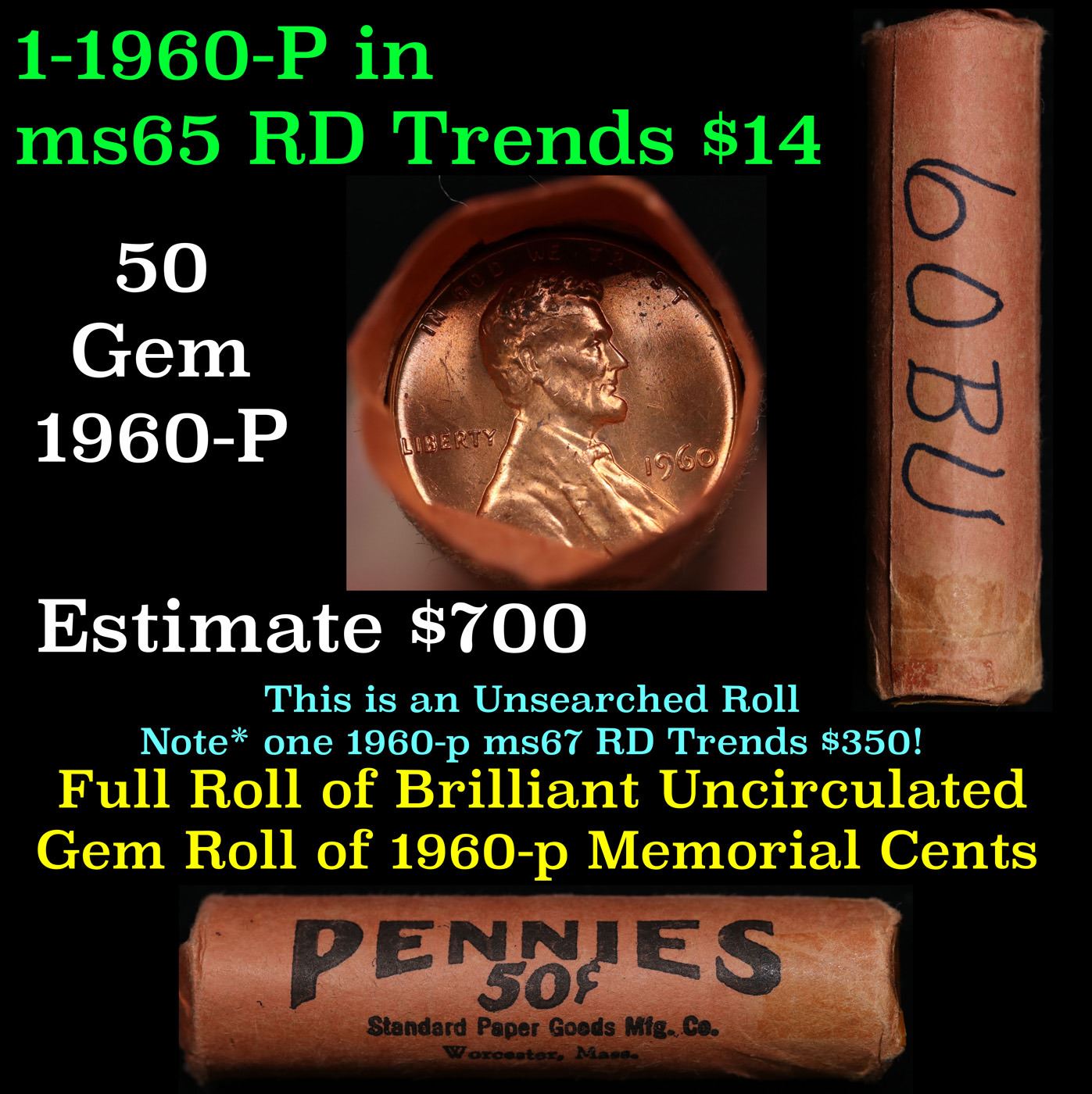 Lincoln 1c roll, 1960-p 50 pcs Bank Wrapper.