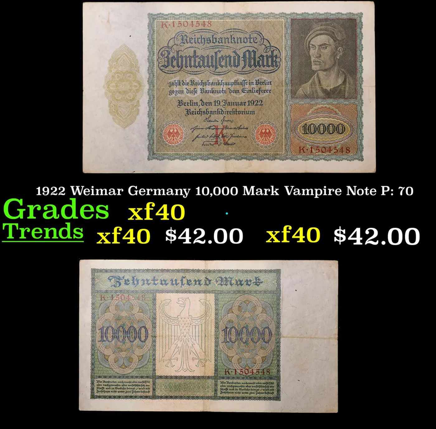 German Vampire Note 1922 Weimar Germany 10,000 Mark Vampire Note P: 70 Grades xf