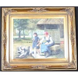 16'x20' Woman & Girl w/Chickens oil on canvas