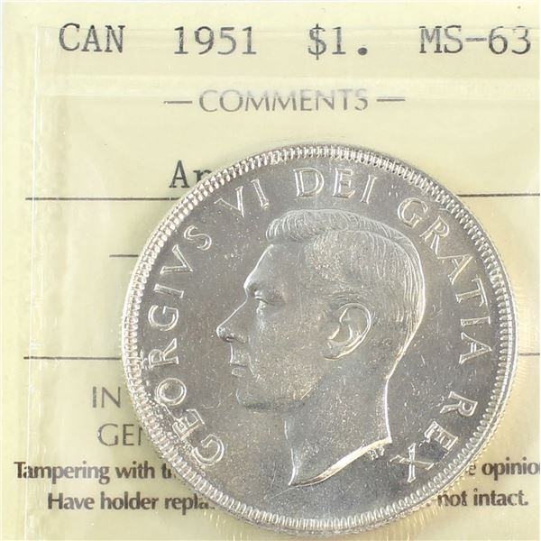 1951 King George VI Canadian Silver Dollar ICCS-MS-63 Arnprior