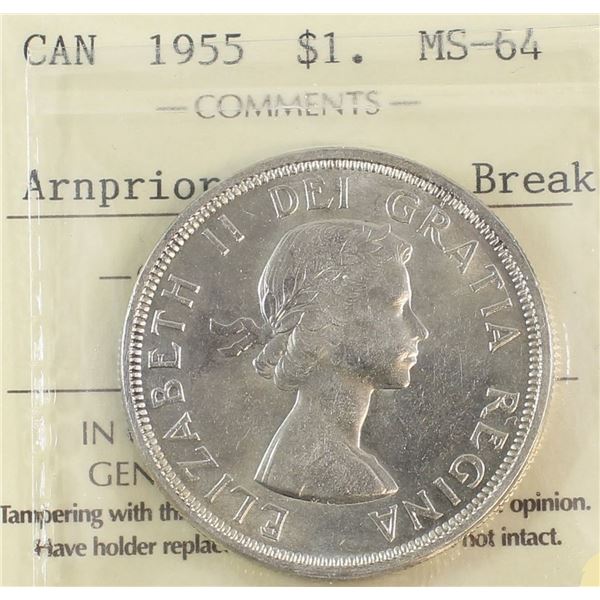 1955 ARN/DIE Crack Queen Elizabeth II Canadian Silver Dollar ICCS MS-64