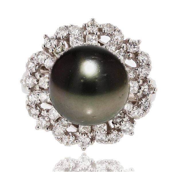 12mm Black South Sea Pearl and 1.25 ctw Diamond Platinum Ring