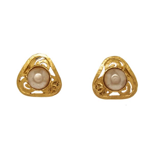 Chanel Gold Triangle Pearl Earrings