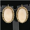 Image 2 : Vintage 14k Gold Oval Cabochon Pink Angel Skin Coral Twisted Frame Drop Earrings