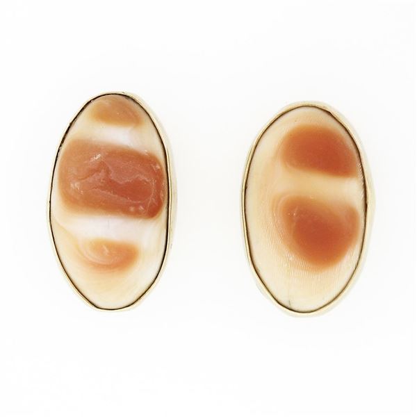 Vintage 14k Yellow Gold Bezel Set Carved Wavy Oval Shell Petite Stud Earrings