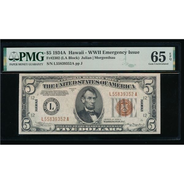 1934A $5 Hawaii FRN PMG 65EPQ