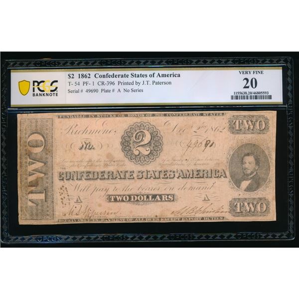 1862 $2 T-54 Confederate PCGS 20