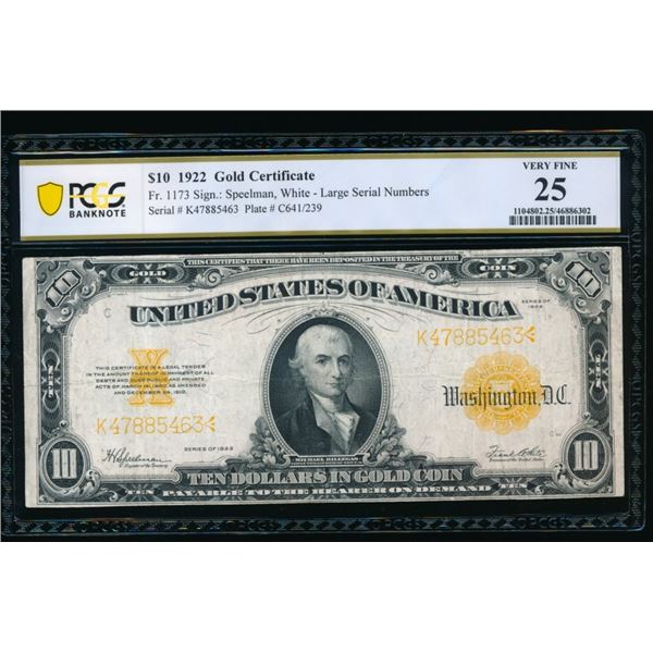 1922 $10 Gold Certificate PCGS 25