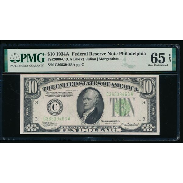 1934A $10 Philadelphia FRN PMG 65EPQ