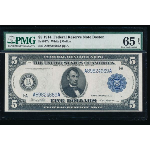 1914 $5 Boston FRN PMG 65EPQ