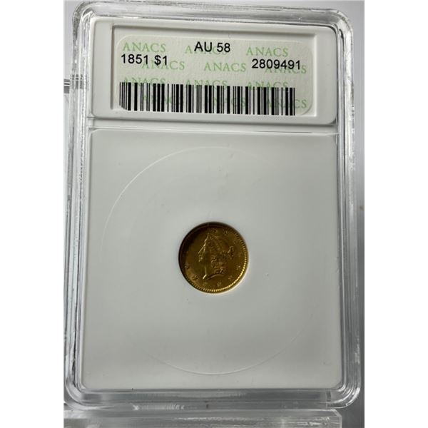 1851 $1 Liberty Head ANACS AU58